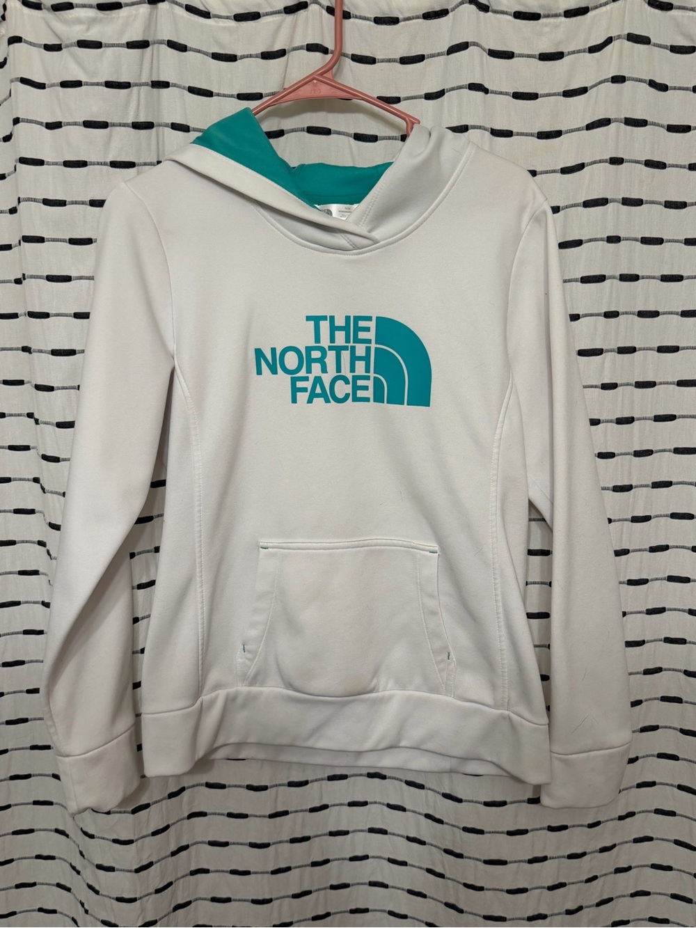 The North Face Women's White Hoodie with Teal Logo and Lined Hood